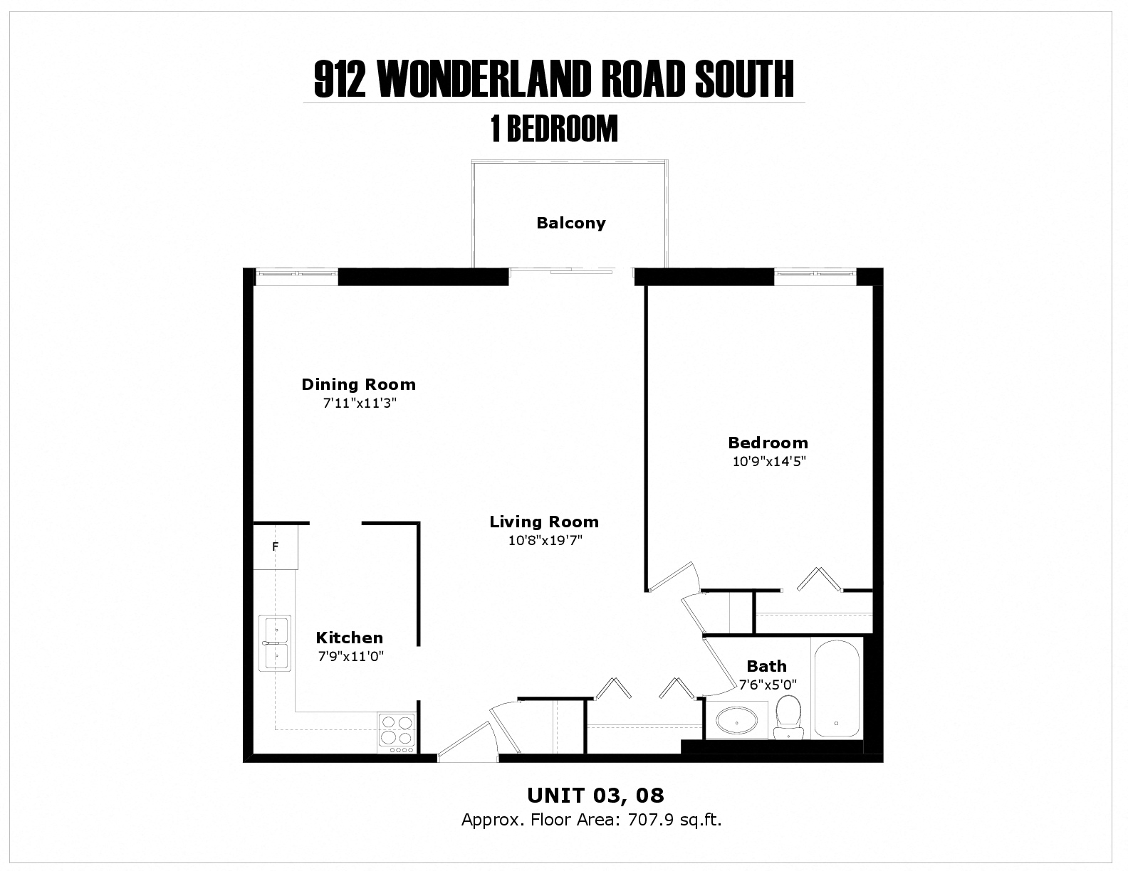 Floor plan for 1 bed, 1 bath, 708 sqft